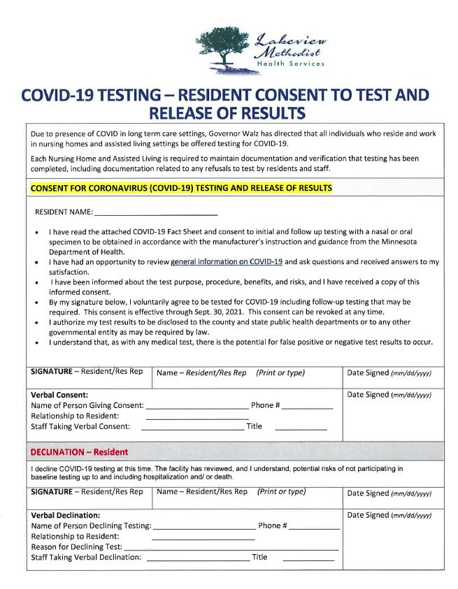 Covid19 Testing Resident Consent to Test and Release of Results